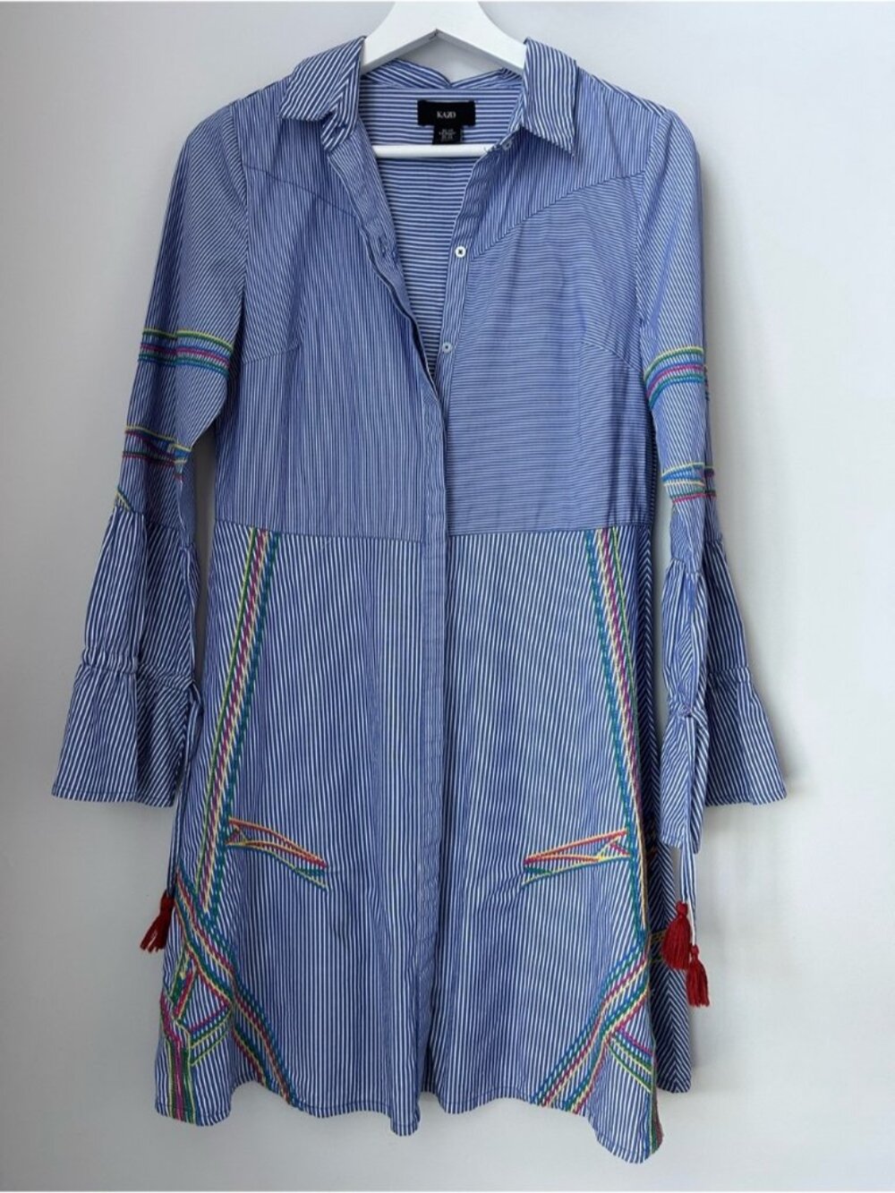 Kazo Pin Striped Embroidered Shirt Dress